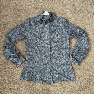 Vintage Floral Print Lucky Tops Semi Sheer Shirt Top Blouse Medium